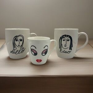 Lot Of 3 Face Mugs- 'Hello/ Ciao' 16oz/ Lady Face 6oz Ceramic Coffee/Tea Cups